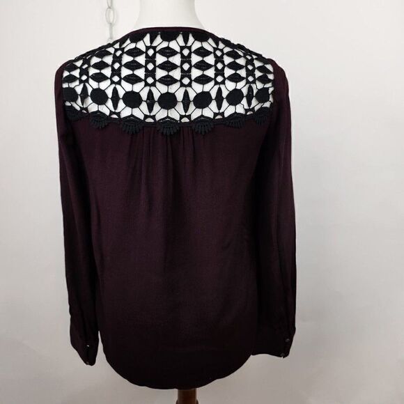 WRAP London Boho Crochet Front Black Burgundy Long Sleeve Top Womens Small - Picture 4 of 6